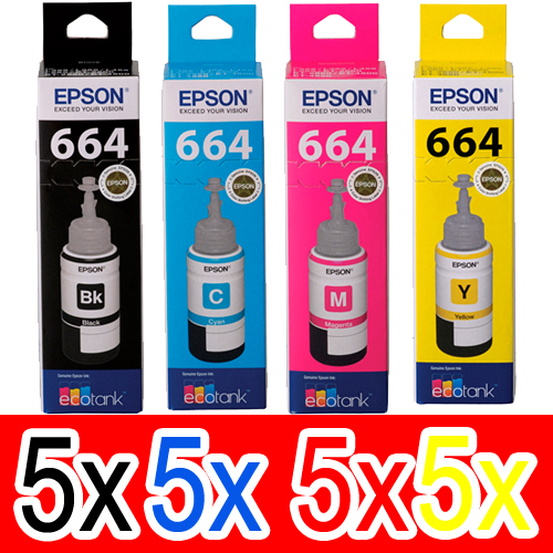 20 Pack Genuine Epson T664 Ink Bottle Set (5BK,5C,5M,5Y)