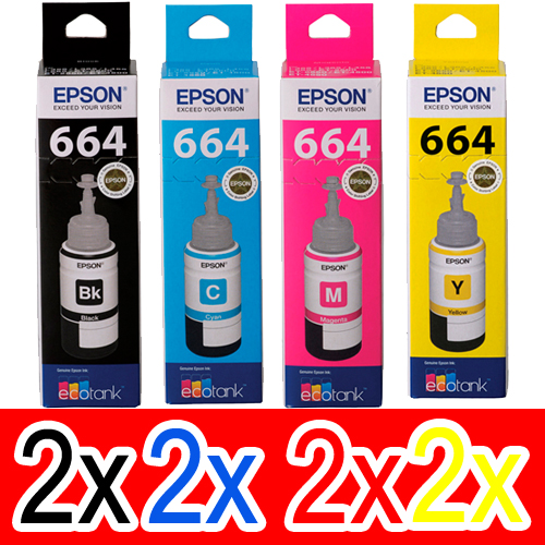 8 Pack Genuine Epson T664 Ink Bottle Set (2BK,2C,2M,2Y)