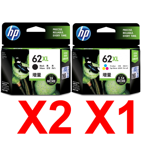 3 Pack Genuine HP 62XL Black & Colour Ink Cartridge Set (2BK,1C) C2P05AA C2P07AA