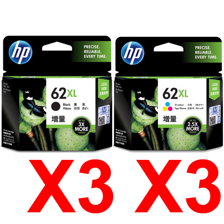 6 Pack Genuine HP 62XL Black & Colour Ink Cartridge Set (3BK,3C) C2P05AA C2P07AA