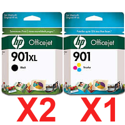 3 Pack Genuine HP 901XL Black & 901 Colour Ink Cartridge Set (2BK,1C) CC654AA CC656AA