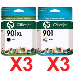 6 Pack Genuine HP 901XL Black & 901 Colour Ink Cartridge Set (3BK,3C) CC654AA CC656AA