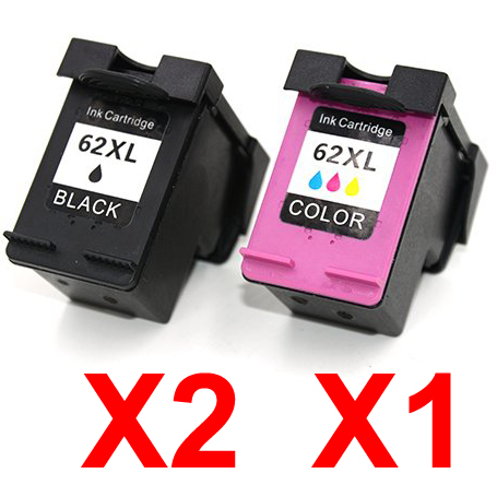3 Pack Compatible HP 62XL Black & Colour Ink Cartridge Set (2BK,1C) C2P05AA C2P07AA
