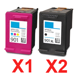3 Pack Compatible HP 901XL Black & 901 Colour Ink Cartridge Set (2BK,1C) CC654AA CC656AA