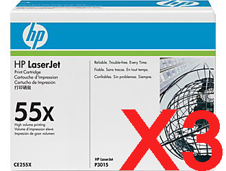 3 x Genuine HP CE255X Toner Cartridge 55X