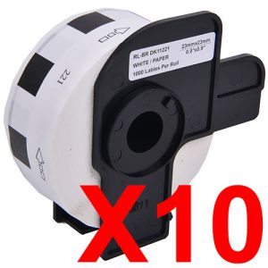 10 x Compatible Brother DK-11221 White Paper Label Roll - 23mm x 23mm - 1000 Labels per Roll