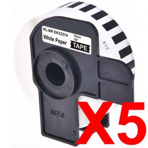 5 x Compatible Brother DK-22214 White Paper Tape Roll - 12mm x 30.48m - Continuous Length