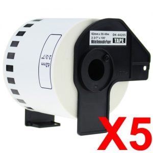 5 x Compatible Brother DK-44205 White Removable Paper Tape Roll - 62mm x 30.48m - Continuous Length