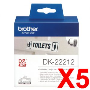 5 x Genuine Brother DK-22212 White Film Tape Roll - 62mm x 15.24m - Continuous Length