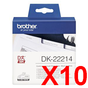 10 x Genuine Brother DK-22214 White Paper Tape Roll - 12mm x 30.48m - Continuous Length