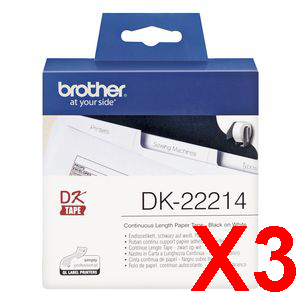 3 x Genuine Brother DK-22214 White Paper Tape Roll - 12mm x 30.48m - Continuous Length