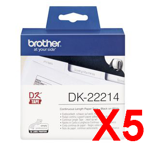 5 x Genuine Brother DK-22214 White Paper Tape Roll - 12mm x 30.48m - Continuous Length