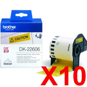 10 x Genuine Brother DK-22606 Yellow Film Tape Roll - 62mm x 15.24m - Continuous Length