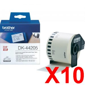 10 x Genuine Brother DK-44205 White Removable Paper Tape Roll - 62mm x 30.48m - Continuous Length